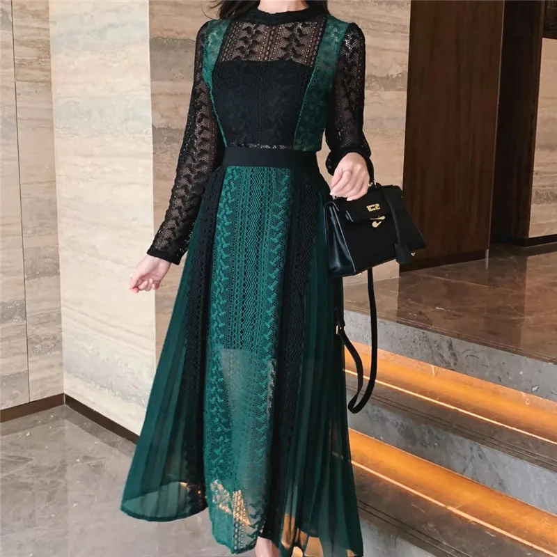 

Vintage Green Lace Dress Women 2022 Summer Fall Long Sleeve Elegant Dresses Bodycon Hook Flower Hollow Maxi Clothing Women L