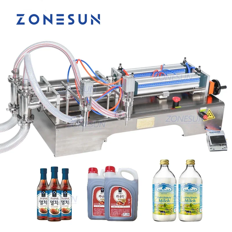 

ZONESUN Fully Pneumatic Liquid Filling Machine 2 Heads Filler ZS-YT2 Dispenser Beverage Juice Cosmetics Packaging Quantitative