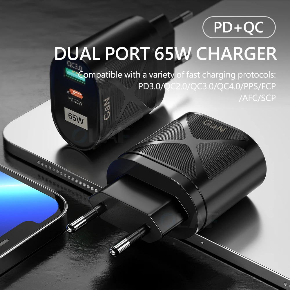 

QC3.0 PD Smart Fast Charging 65W Gallium Nitride USB Charger Cell Phone Charging Head Laptop Universal Quick Gan Charging Source