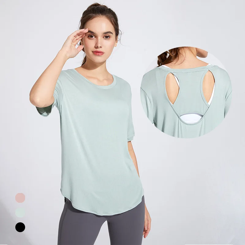 

Summer Women Sport T-shirt Back Hollow Out Loose Yoga Tops Quick Dry Running Shirts Girls Gym Workout Top Fitness Elastic Blouse