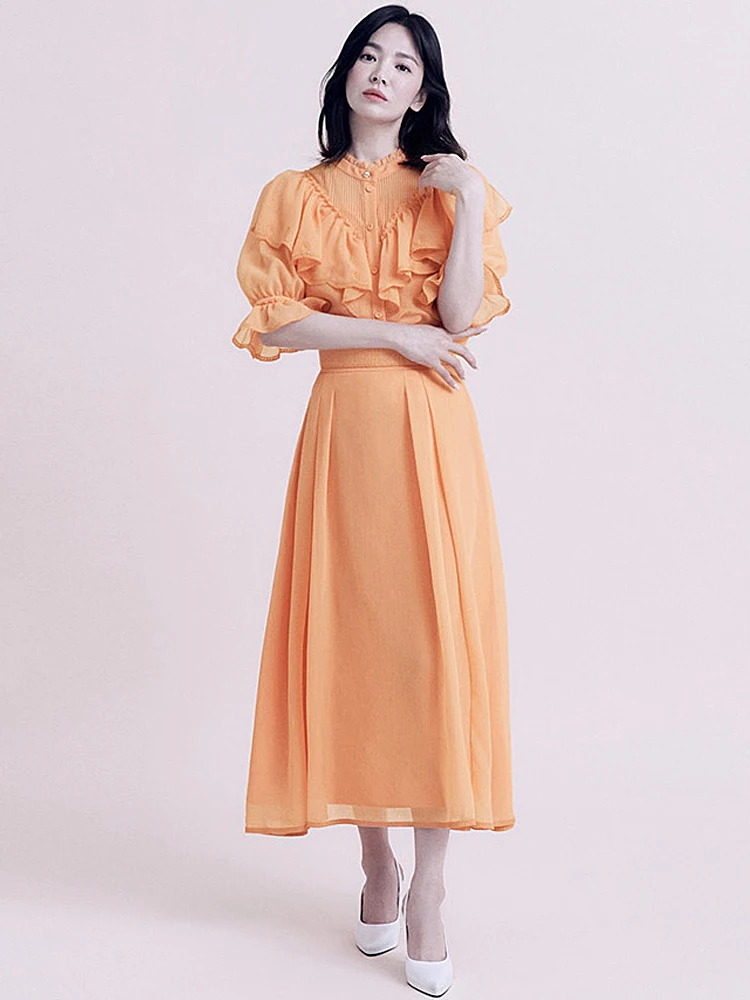 

Designer High Quality 2023 Summer New Standing Collar Orange Ruffle Edge Celebrity Party Gorgeous Casual Elegant Fashion Dress