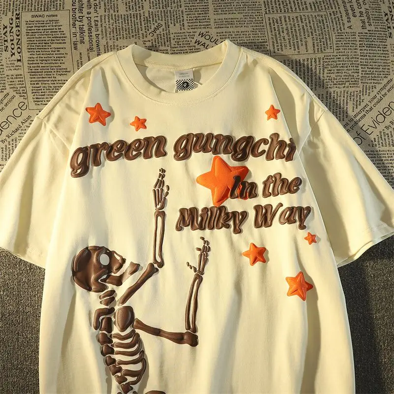 

Хлопковая короткая футболка в Корейском стиле, Новинка Весна 2023, летняя стильная уличная свободная футболка с рукавами для ленивых, мужская и студенческая версия, женская футболка со скелетом Y2k