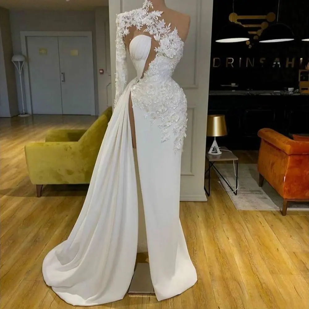 

2022 изысканное арабское дубайское Кружевное белое боковое женское вечернее платье с высоким воротником на одно плечо с длинным рукавом