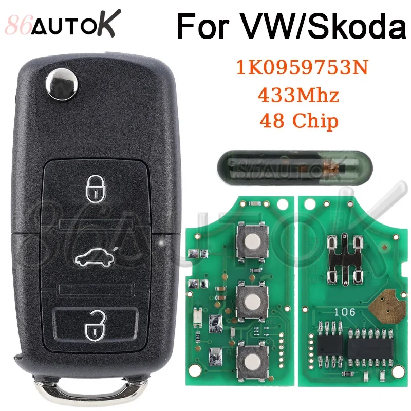 

Автомобильный ключ дистанционного управления для Volk-swagen VW Caddy Golf Jetta Tiguan POLO PASSAT B5 B6 Skoda ID48 чип 1K 0959753 N Лезвие HU66 433 МГц
