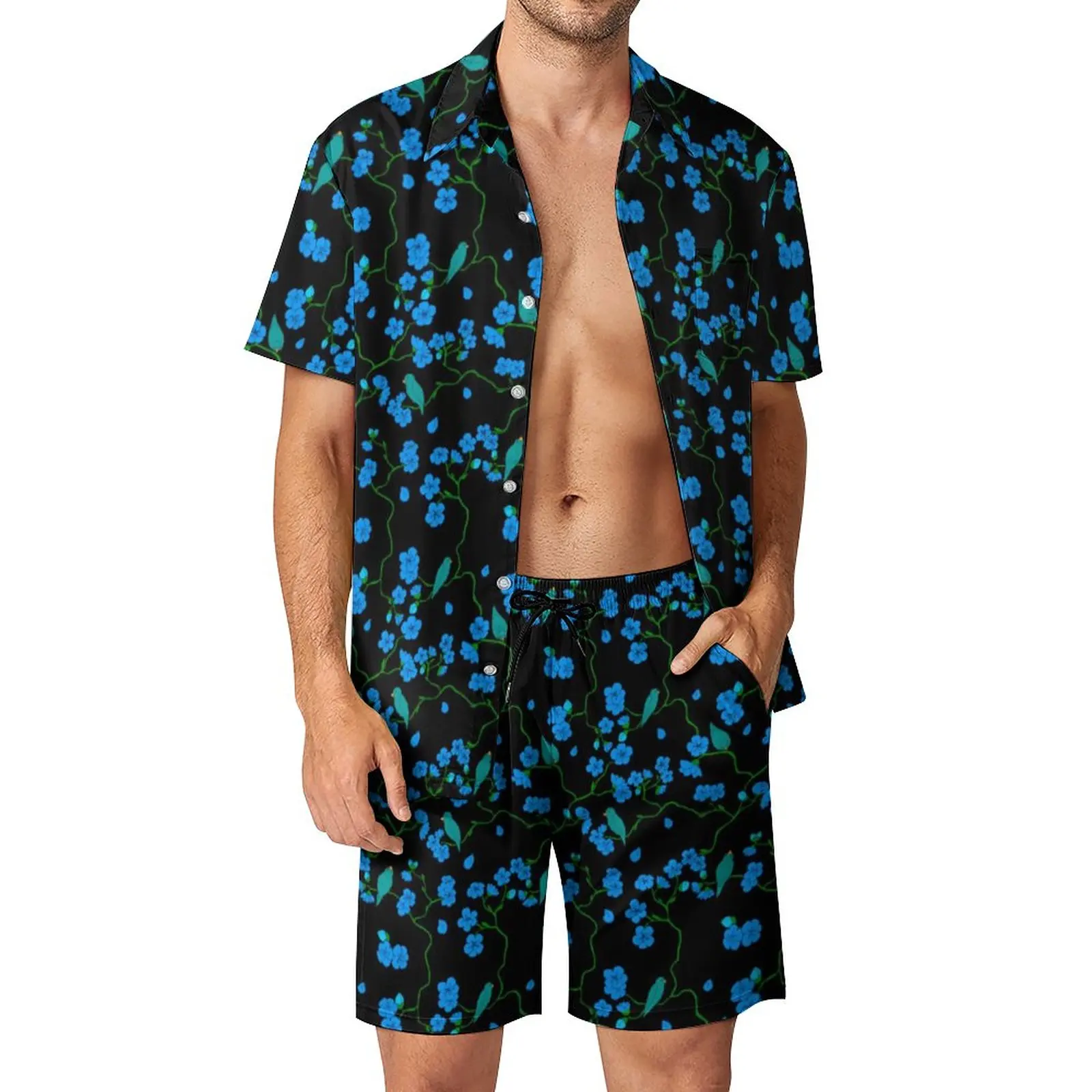 

Cute Birds Men Sets Blue Flowers Print Casual Shorts Summer Hawaii Vacation Shirt Set Short-Sleeve Oversized Suit Gift Idea