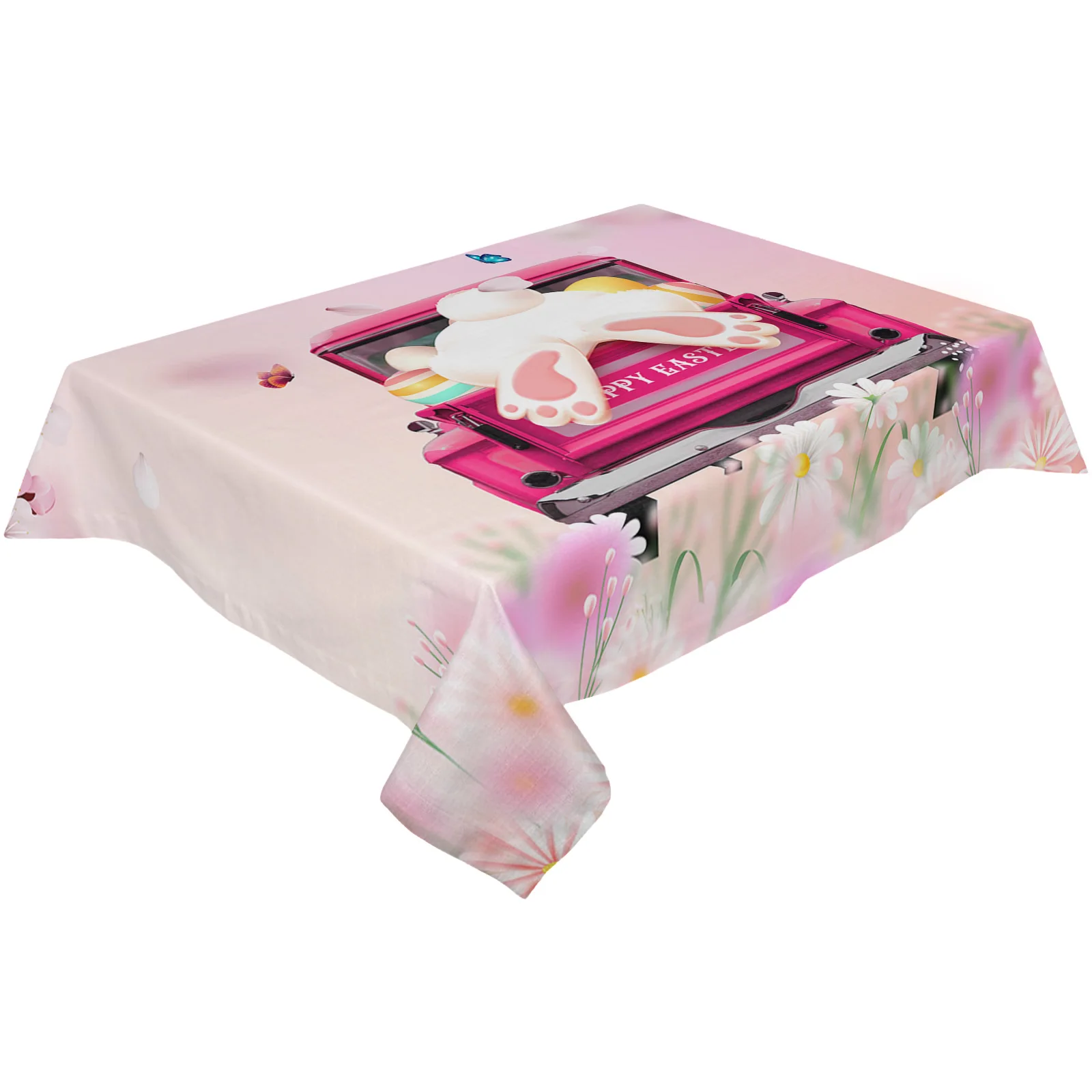 

Easter Truck Bunny Cherry Blossom Butterfly Tablecloth Wedding Decoration Coffee Table Cover Waterproof Home Kitchen Table Cloth
