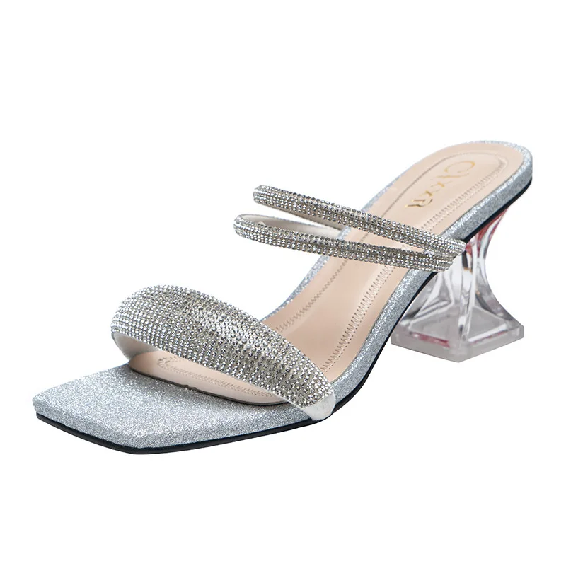 

Women Heel Shoes Temperament Crystal Diamond Flash High Heel Sandals Fashion Two Wear Thick Heel Sandals Women Women Sandals New