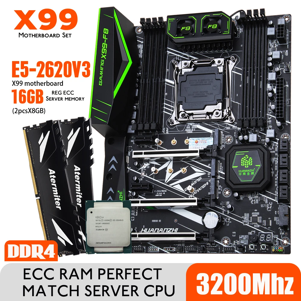 

HUANANZHI Intel Xeon E5 2620 V3 X99 F8 Motherboard Set DDR4 LGA2011-3 and 2011 16GB = 8GB *2pcs 3200MHz Memory ECC NVME SATA3