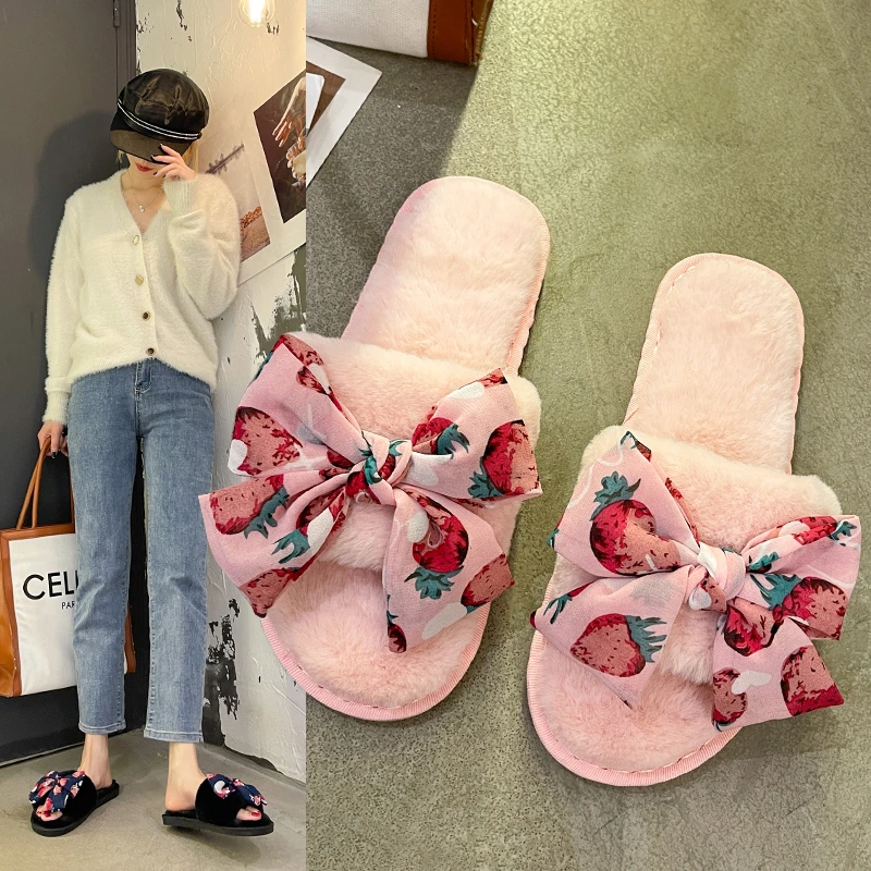 Fairy Bow Cotton Slippers Women 2021 New Spring and Autumn Outer Wear One-on-one Fashion Plush Slippers Women's Shoes