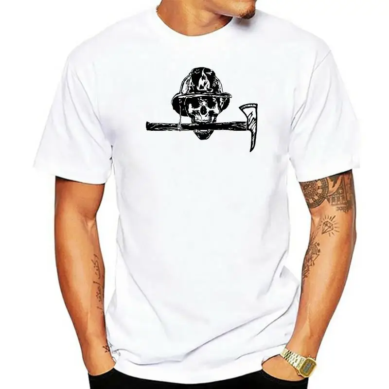 

2022 Fashion Short Sleeve FIREFIGHTER SKULL AXE FD MASK HELMET FIRE DEPT Mens Gray T-Shirt