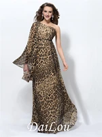 a line one shoulder long sleeve sweepbrush beading leopard print evening dress with printcloth