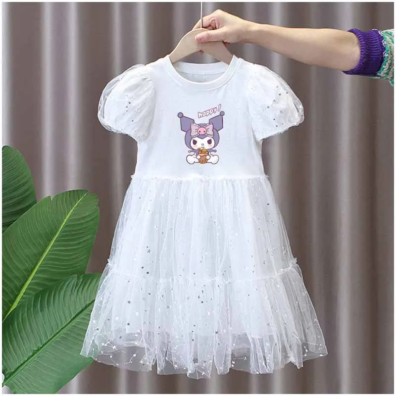 

Sanrios Anime Figure Kuromi Cinnamoroll Girls Short Sleeve Dresses Children Summer Clothing Yarn Skirt Kids Party Princess Dress