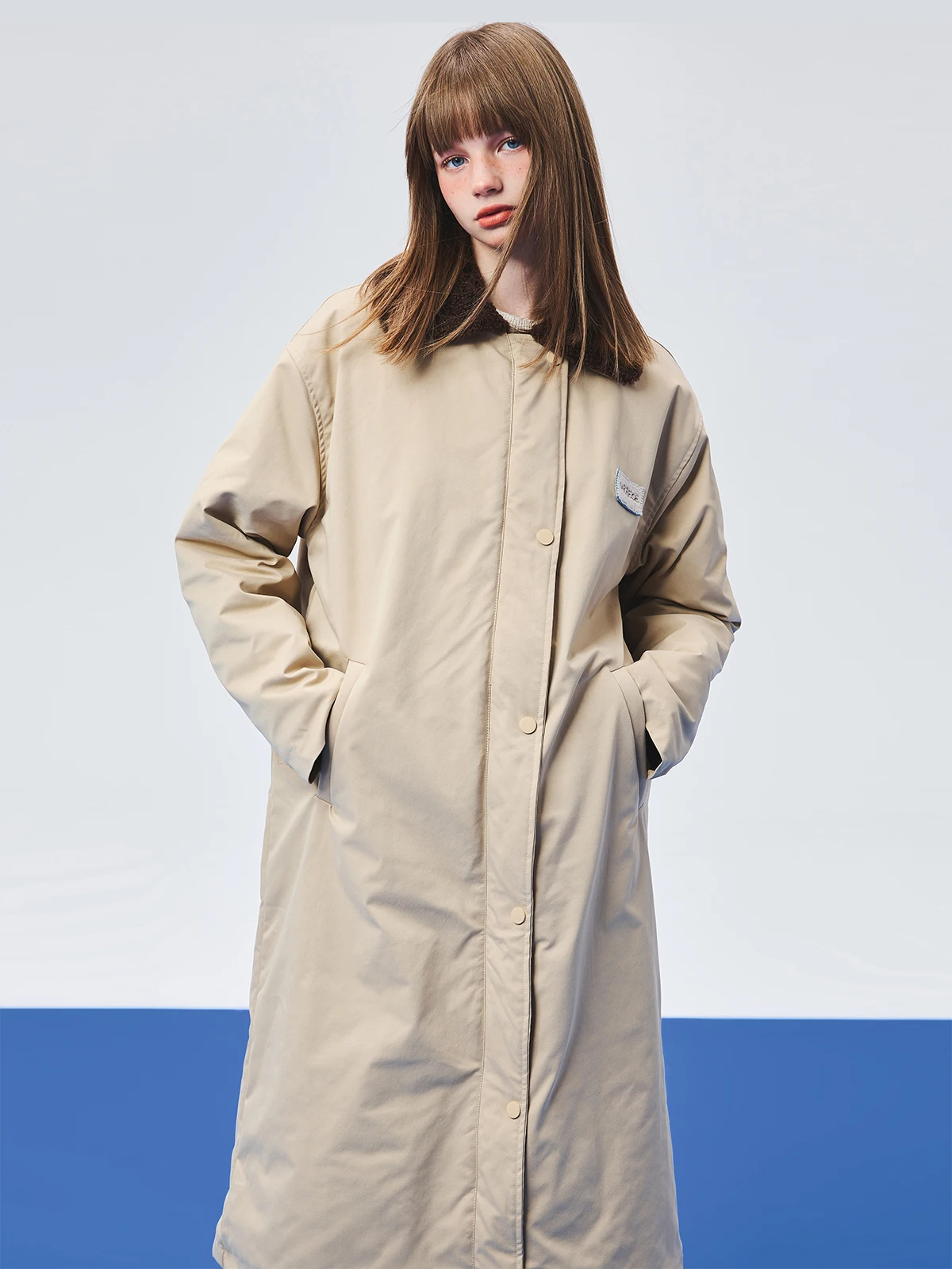 Autumn and Winter Khaki Elegant Long Fur Lapel Cotton Coat Trench Coat