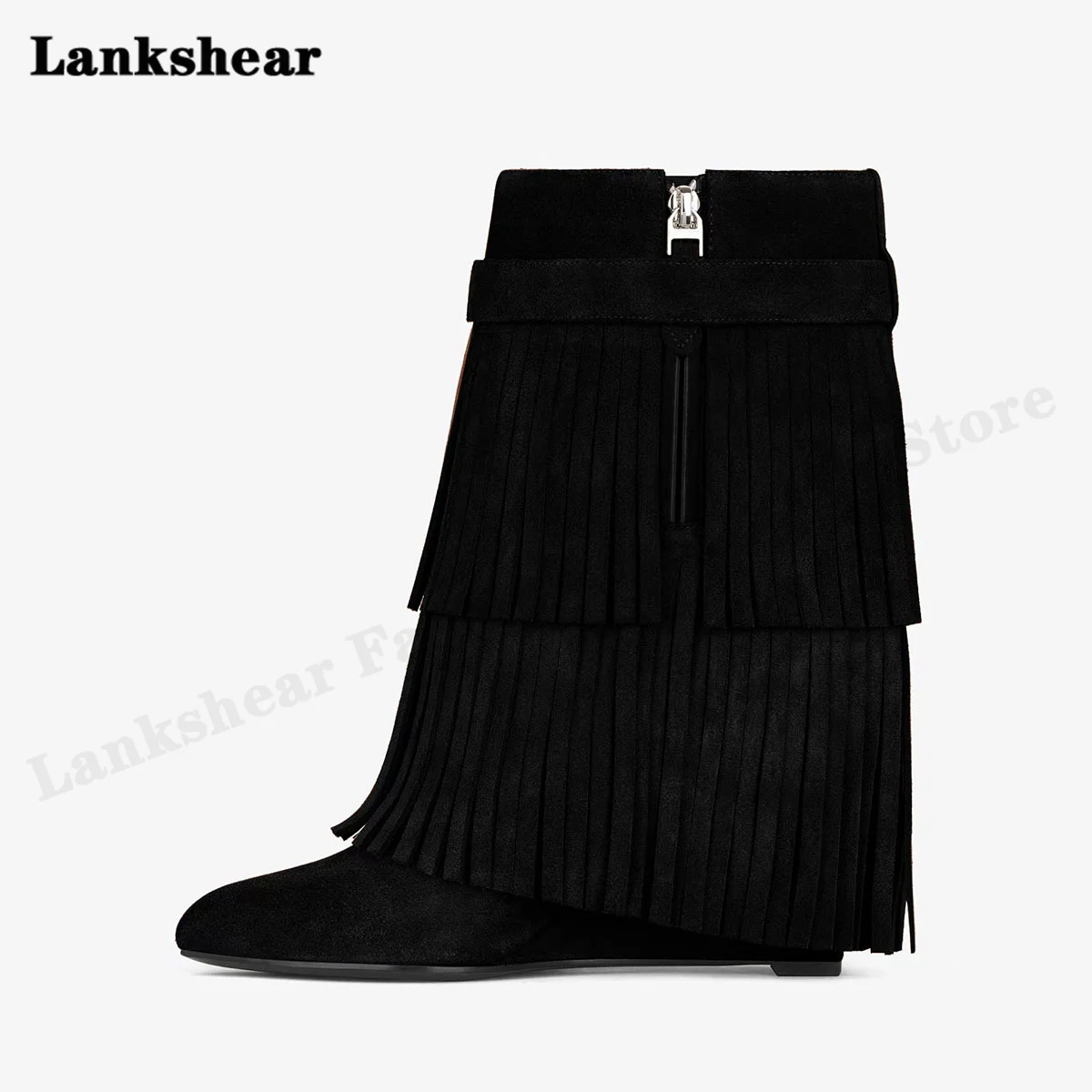 2022 Winter New Round Toe Wedge Heel Woman Boots Thick Bottom Suede Tassel Lock Decoration Large Size Short Boots Tassel Boots