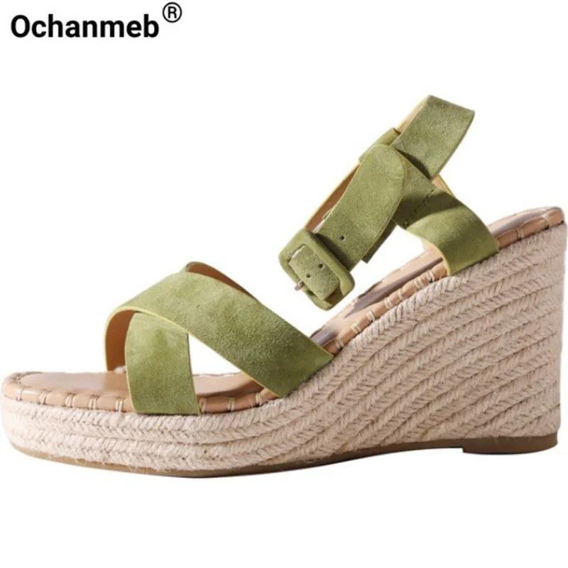 

Ochanmeb Sheep Suede Platform Wedges Heel Sandals Women Cross-strap Buckle Summer Espadrilles Shoes Green High Heels Sandal 2023