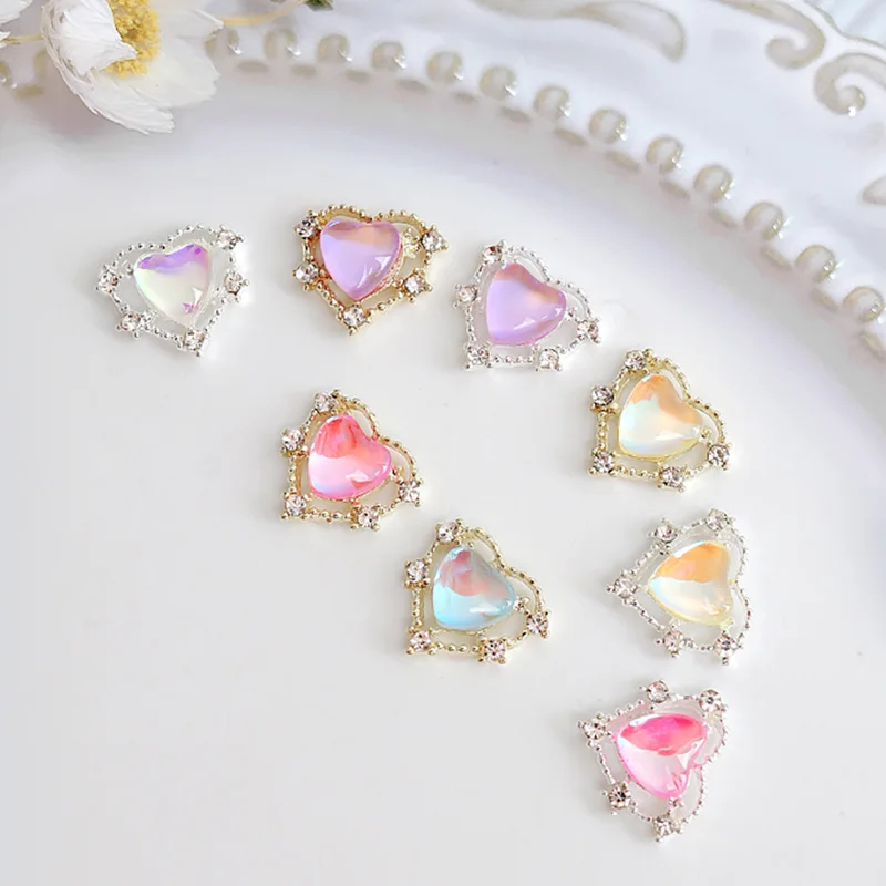 

10Pcs 11.5x10mm Heart Shaped Designer Charms For Nail Art Alloy Accessories Aurora Gems Jewelry For Multi-Colors Nail Rhinestone