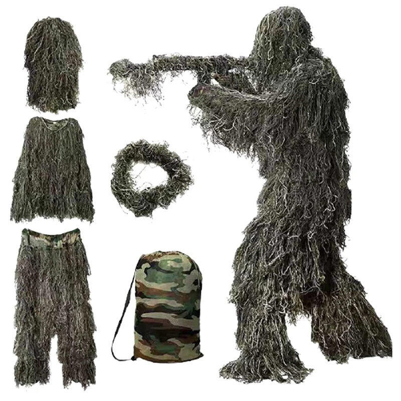 

5 в 1 Ghillie костюм, 3D камуфляжная уличная охотничья одежда, включая куртку, брюки, капюшон, сумка для переноски для взрослых, детей, молодежи