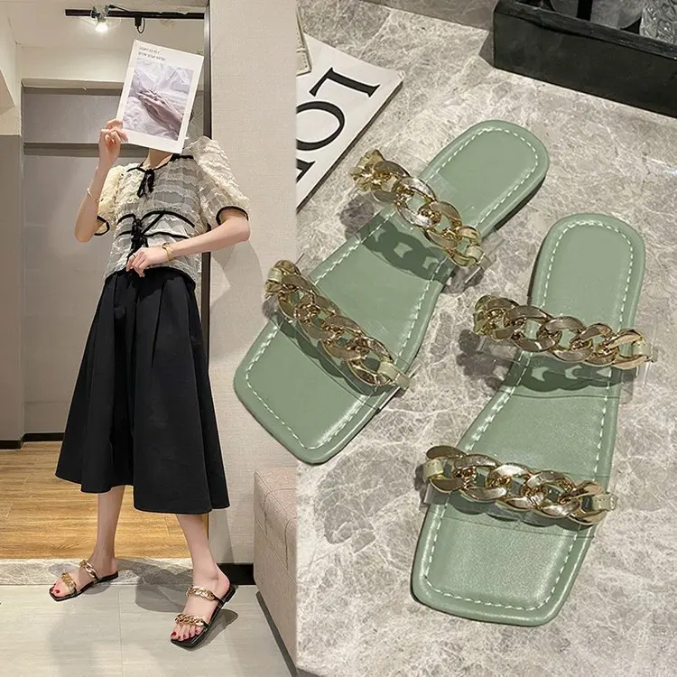 

Сандалии женские с металлической цепочкой, пляжные шлепанцы, квадратная плоская подошва, Уличная обувь, весна-лето 2022