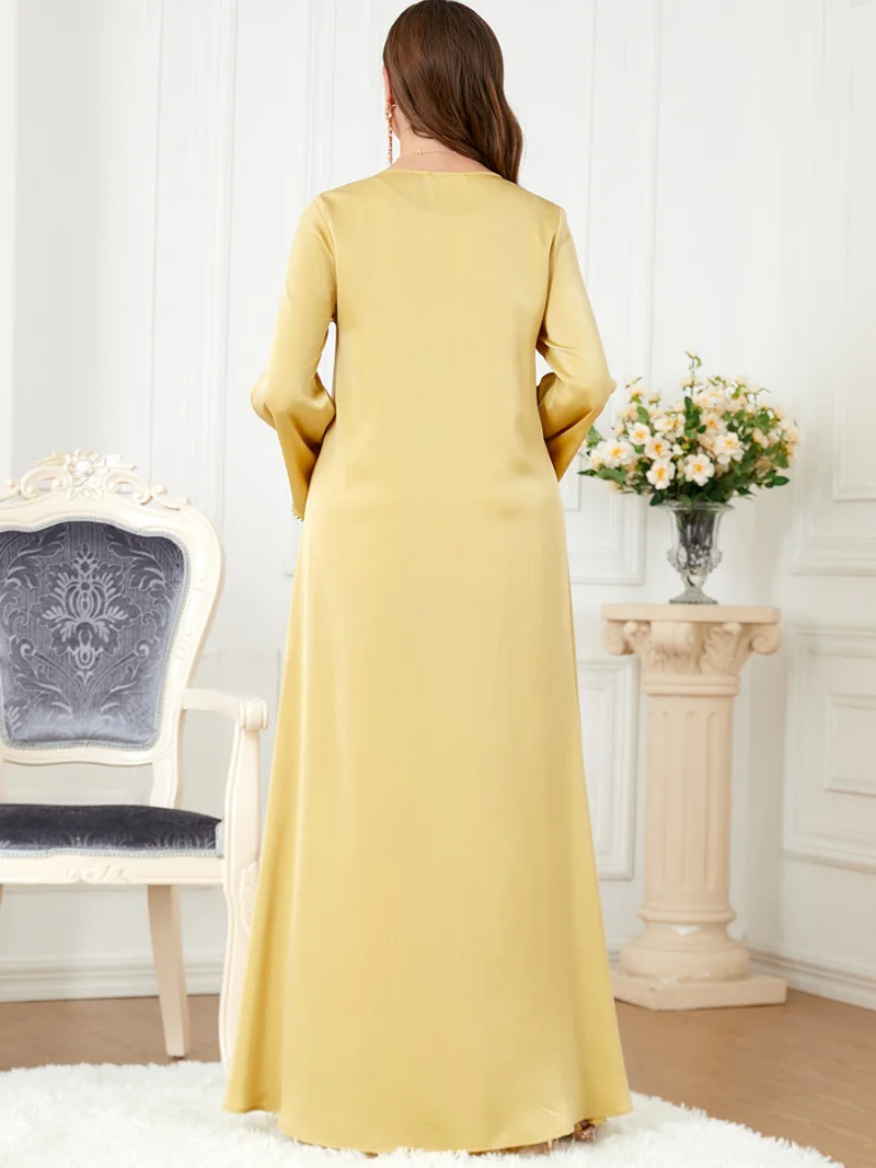 Arab Clothes for Women Golden Yellow Beaded Abaya Dress Ramadan Eid 2023 Elegant Muslim Dubai Turkey Moroccan Jalabiya