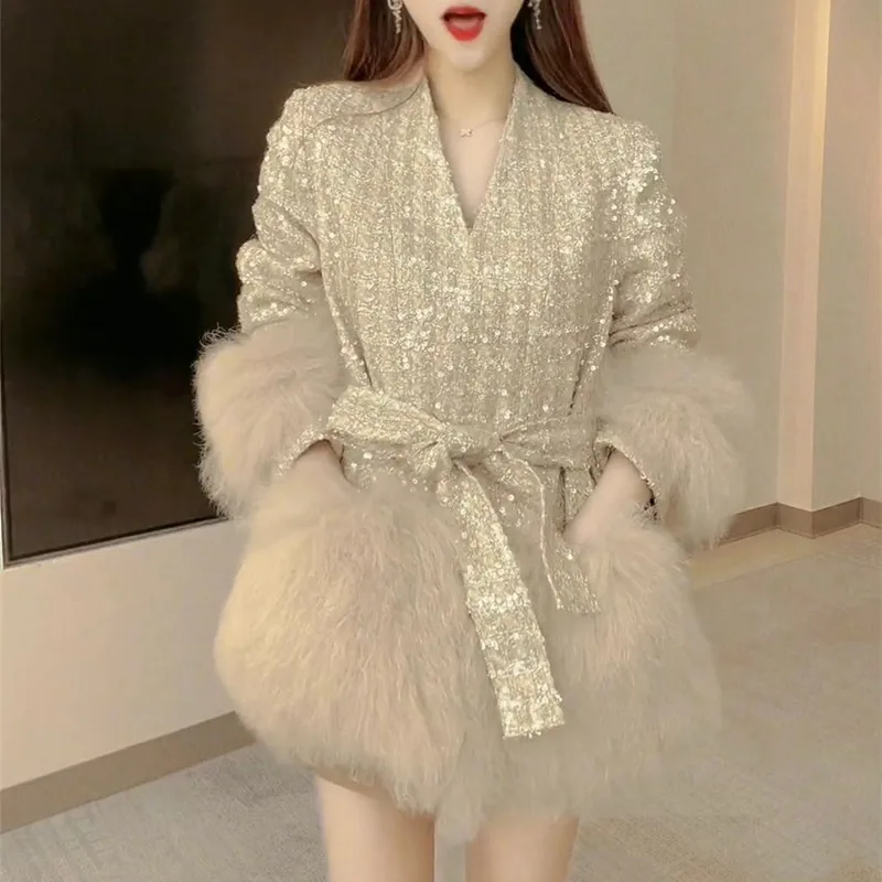 High Sense Winter New Korean Style V-neck Heavy Embroidery Sequins Short Coat Long Sleeve Stitching Fox Fur Clothes for Women