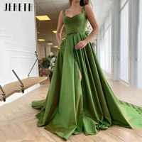 jeheth simple green satin a line prom dress 2022 elegant straps buttons design evening dress front split party dress with pocket