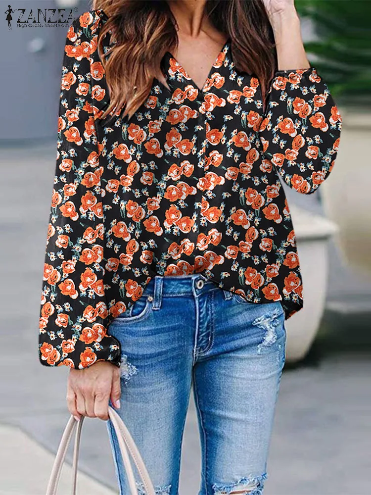 

Женские топы ZANZEA с цветочным принтом, блузы с длинным рукавом, праздничные блузы, повседневные летние модные рубашки с V-образным вырезом, уличная Туника 2023