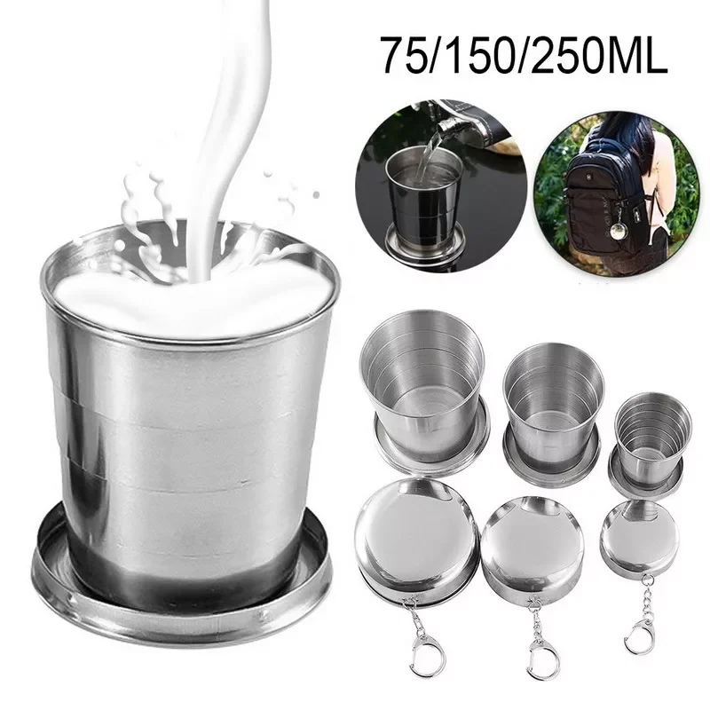 

NEW2023 Stainless Steel Folding Cup With Keychain Portable Retractable Telescopic Collapsible Cups Water Drinking Cup For Outdoo