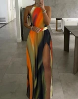 chaxiaoa 1 piece summer dresses woman 2022 fashion tie dye print sleeveless sexy high slit vacation maxi dress