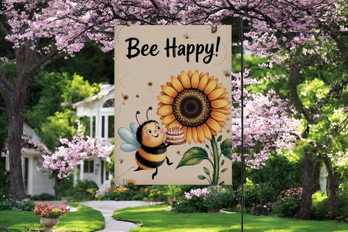 Фото Садовый флаг Bee Happy с подсолнухом и милым шмельком, летний декор для двора и веранды RRM IIX SSL №1