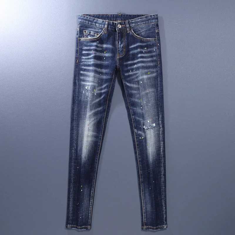 Уличные модные мужские джинсы высококачественные винтажные синие эластичные