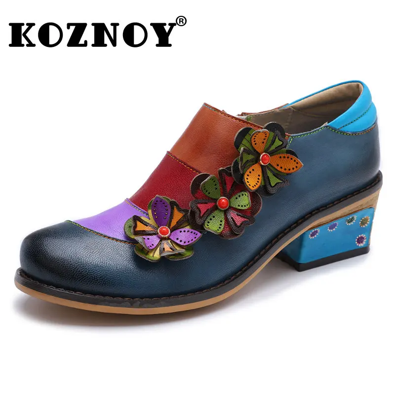 

Koznoy 4cm Cow Genuine Leather Mixed Color Appliques Flower Platform Wedge Spring Autumn Ankle Mid Booties Woman Moccasins Shoes