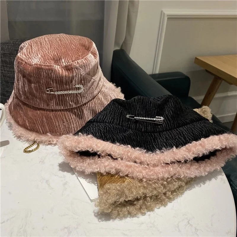 

Winter Fashion Corduroy Hat Fibula Pink High Quality Fisherman Reflective Snow cap Pure Color Flat Top Thick