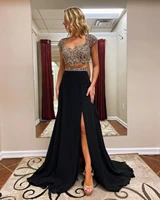 black chiffon a line side split long prom dresses two pieces beaded capped sleeves pageant party evening gowns women wear