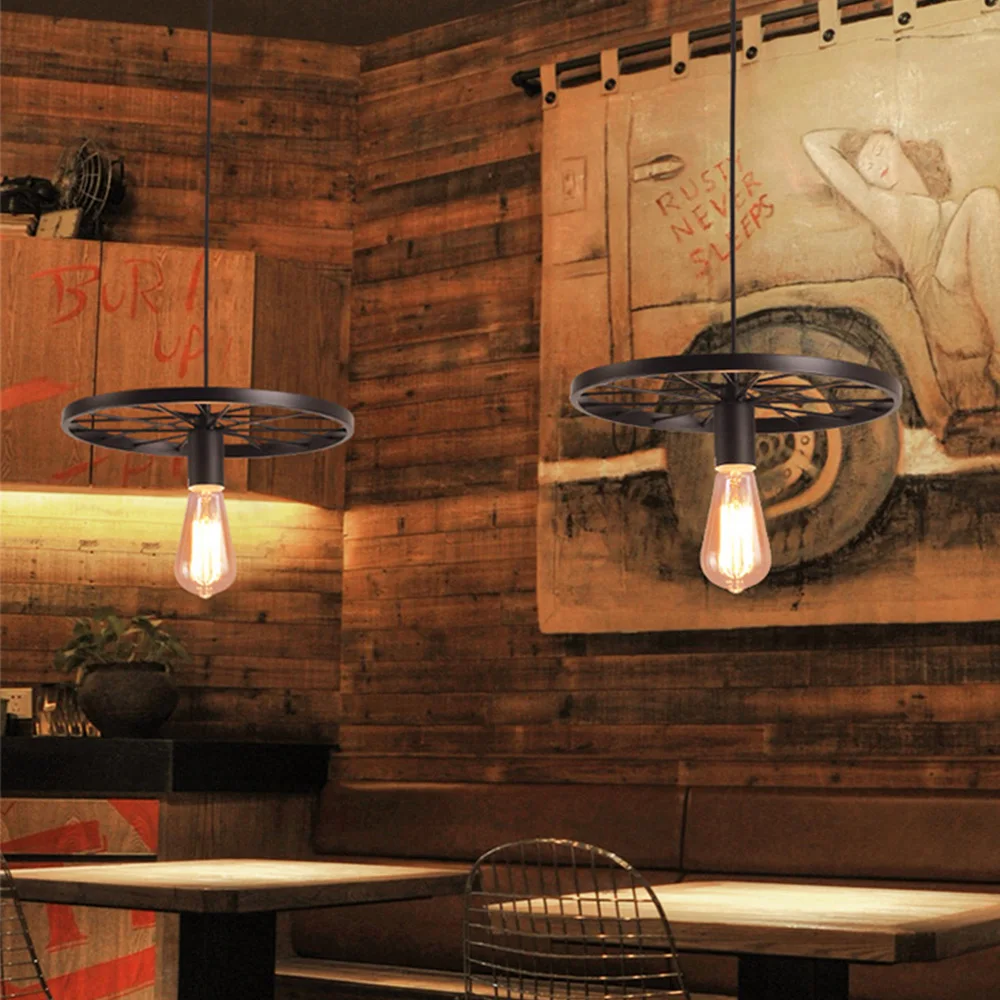 Vintage Industrial Bicycle Wheel Design Chandelier Black Iron E27 Hanging Lamp Creative Personality Ceiling for Restaurant |