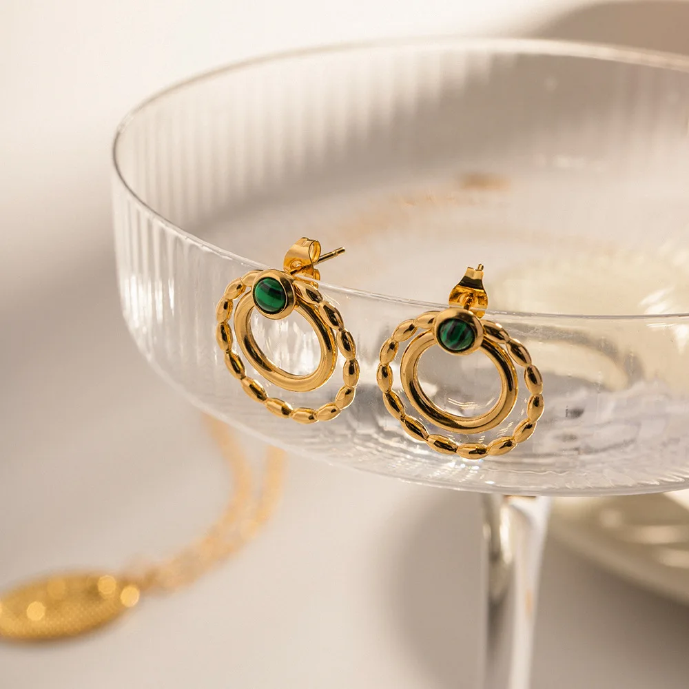 

Stainless Steel Inlay Malachite Rotundity Pendant Earrings Fashion 18K Gold Waterproof Vintage Jewelry for Women