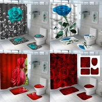 4pcs red rose shower curtain sets with rugs toilet cover bath mat waterproof polyester fabric floral bathroom curtains washable