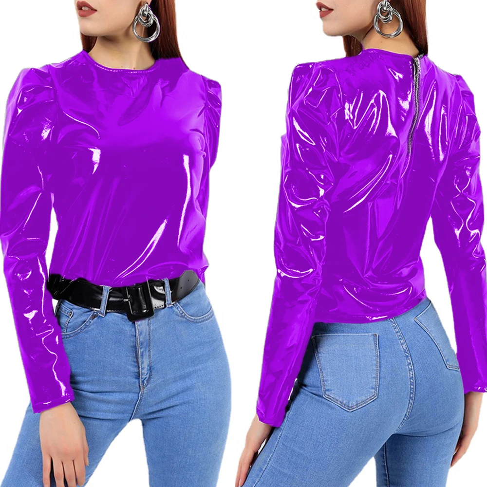 Women Faux Patent Leather Turtleneck Tops Long Sleeve Shirt Zipper PVC Pullover Black Red PU Clothes Streetwear Custom | Женская одежда