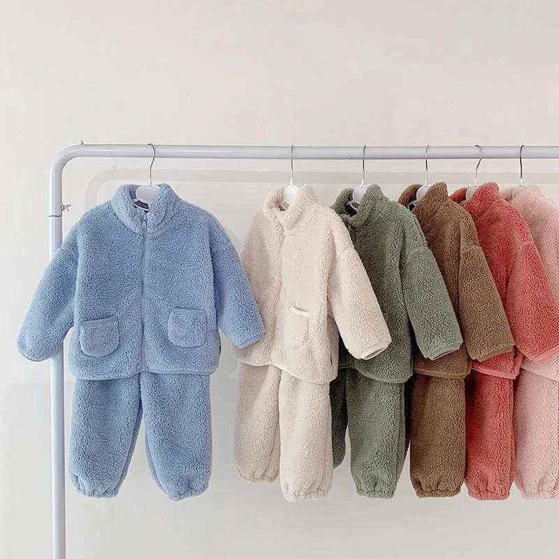 

Solid Color Fleece Warm Kids Baby Clothes Sets 2pcs Long Sleeve Zipper Coat+Pants 2022 New Spring Autumn Boys Girls Suits