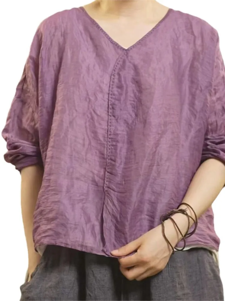 Женская свободная летняя однотонная блузка с v-образным вырезом женская