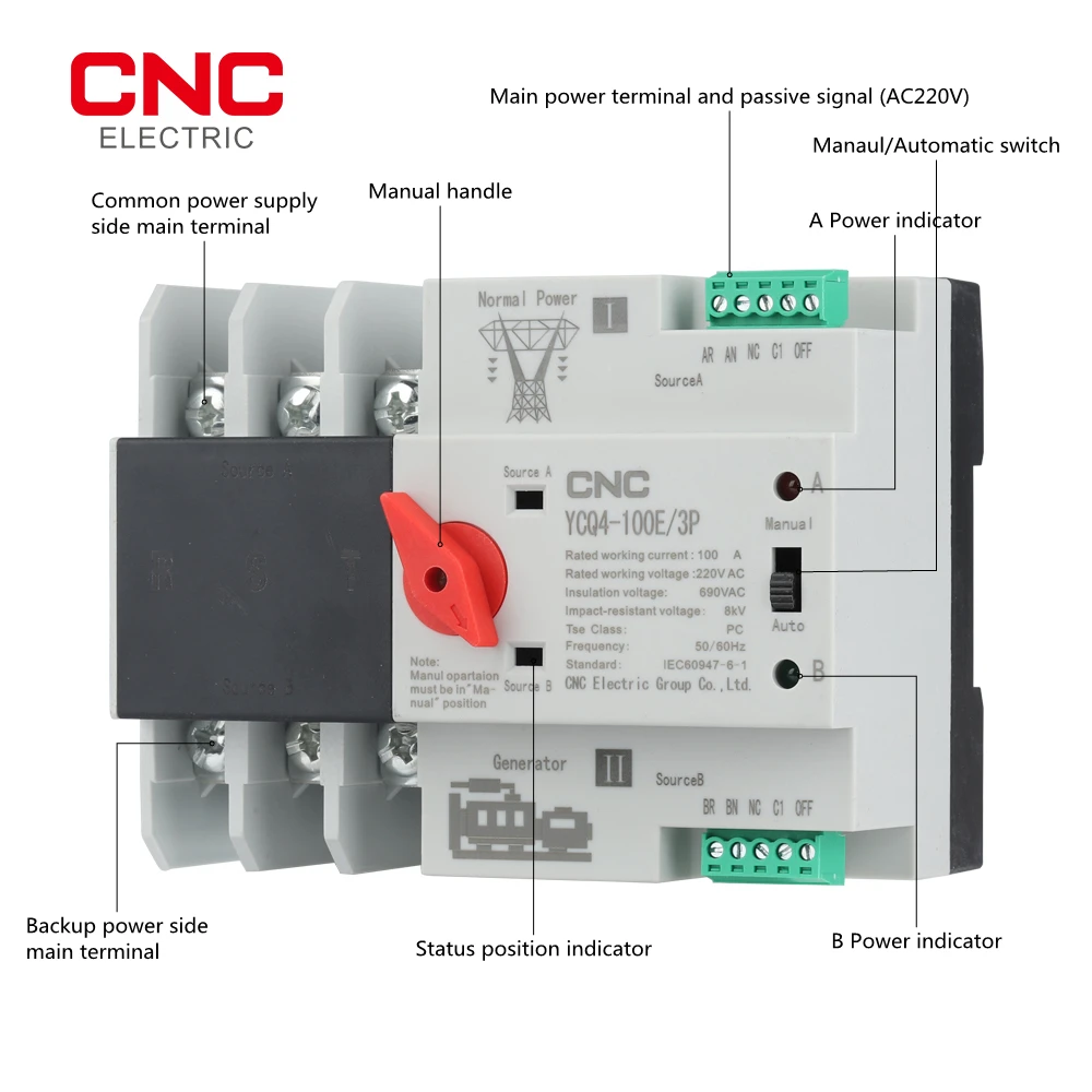 CNC 3P Din Rail ATS Dual Power Automatic Transfer Switch 3 Phase Electrical Selector Switches Uninterrupted 63A 100A |