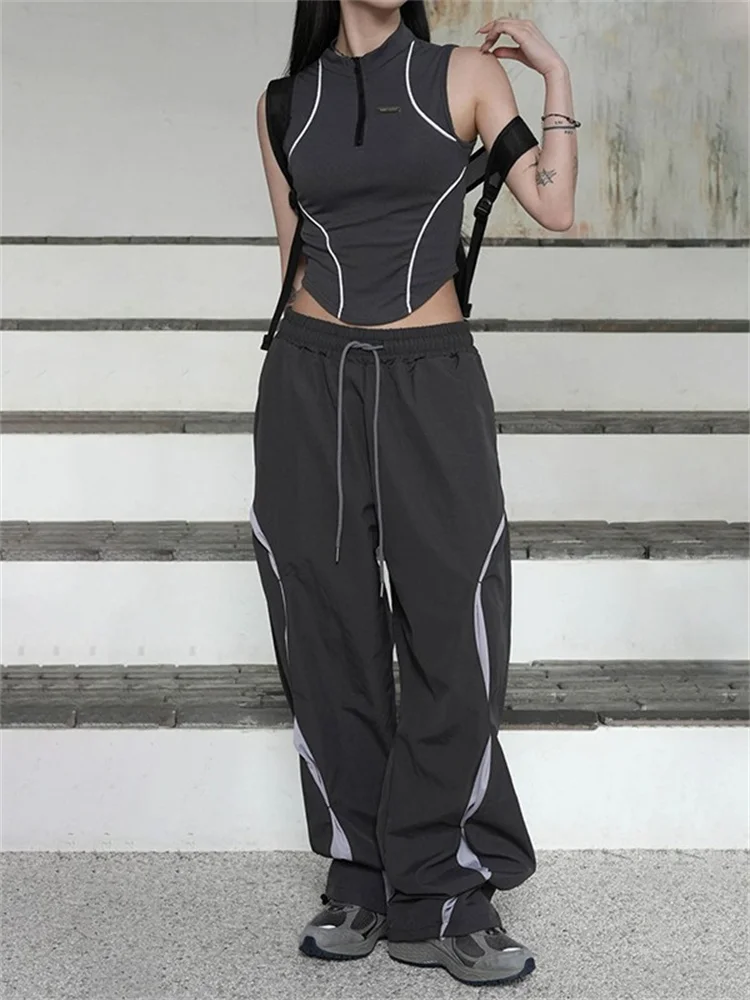 

QWEEK Streetwear Gorpcore Black Track Pants Women Cyber Y2K Patchwork Techwear White Cargo Trousers Oversized Hip Hop Edgy Style