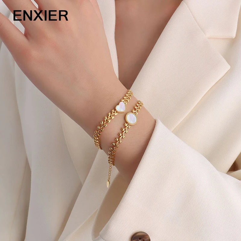 

ENXIER Heart Round Bracele For Women Stainless Steel Wheat Ear Bracelet White Sea Shells Fashion Simple Festival Party Jewelry