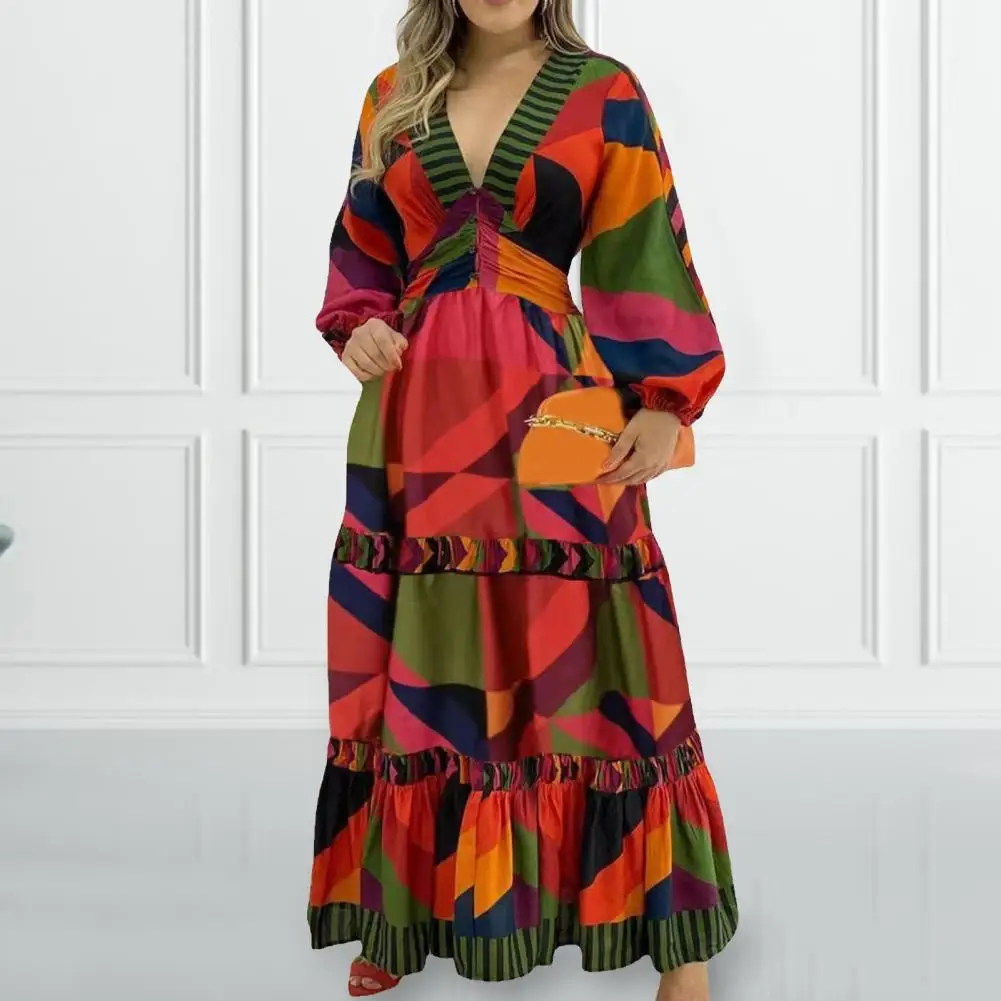 

40%HOTWomen Dress Retro V Neck Lantern Sleeve Exquisite Pattern Ruffle Hem Lint Free Polyester Women Elegant Summer Deep V Print