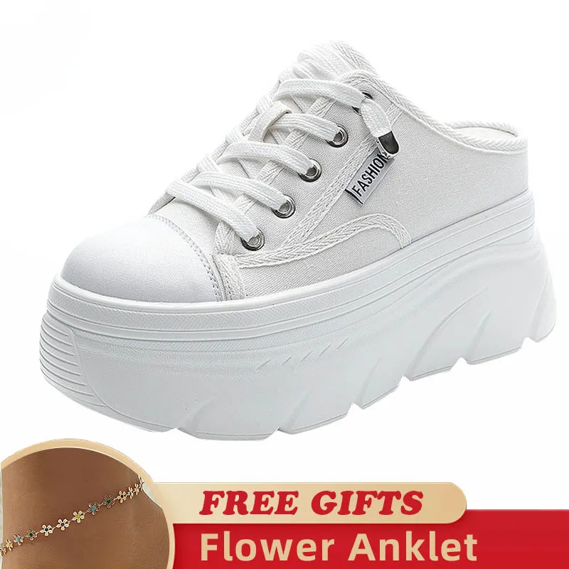 2023 New 9cm Canvas Genuine Leather Women Summer Shoes Wedge Sneakers Platform Slippers Shoes Slip on Sandals Slideds High Heel