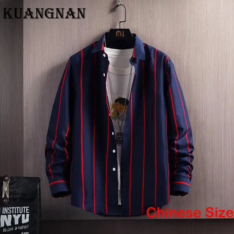 

KUANGNAN Striped Shirt for Men Black Top Shirts Men's Clothing Cool Blouse Tops Sale Korean Style Blouses Free Shipping 4XL 2023