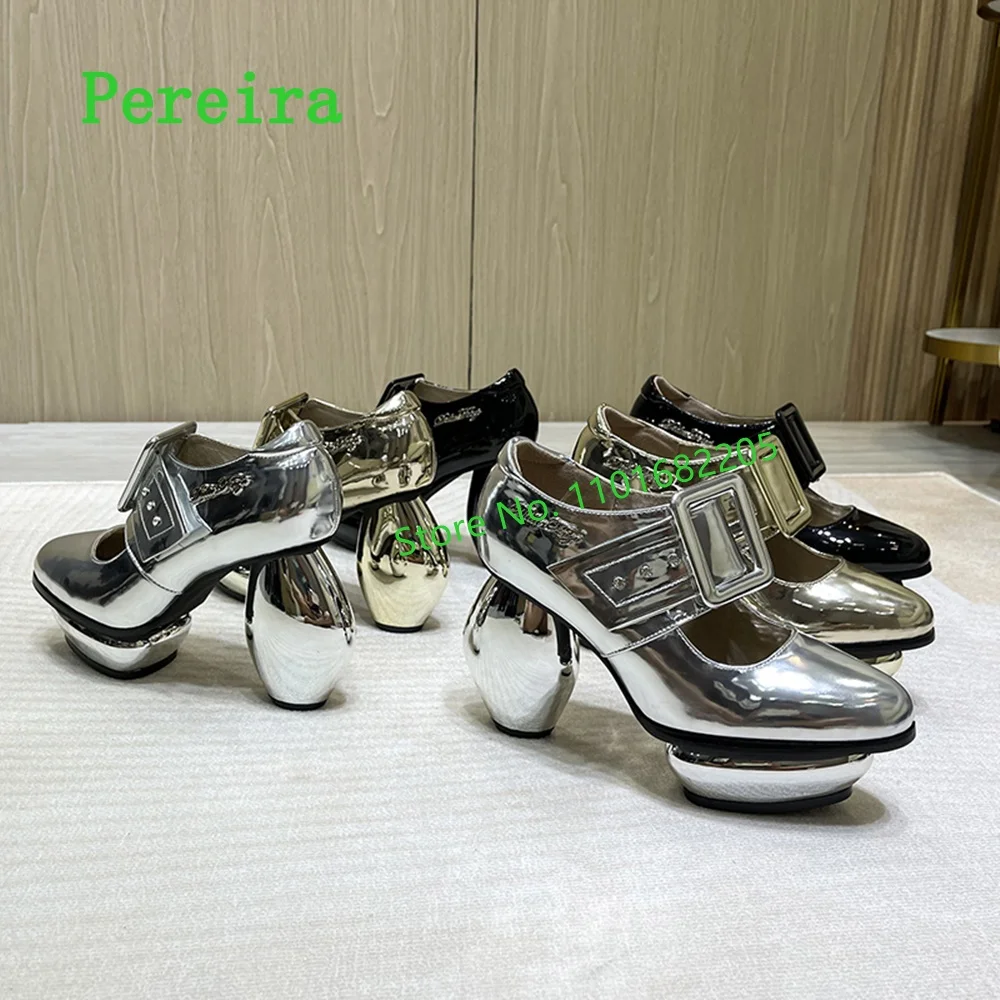 Gold Strange Heel Pumps Women's New Arrival Solid Platform Round Toe Patent Leather Fashion Elegant Shoes For Free Shipping