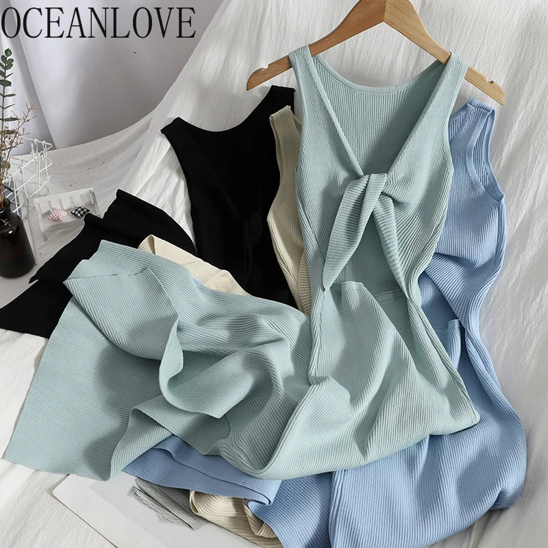 

Oceanlove корейское трикотажное женское летнее платье с v-образным вырезом без рукавов Kink ажурное Сексуальное Тонкое облегающее платье с разрезом длинные платья