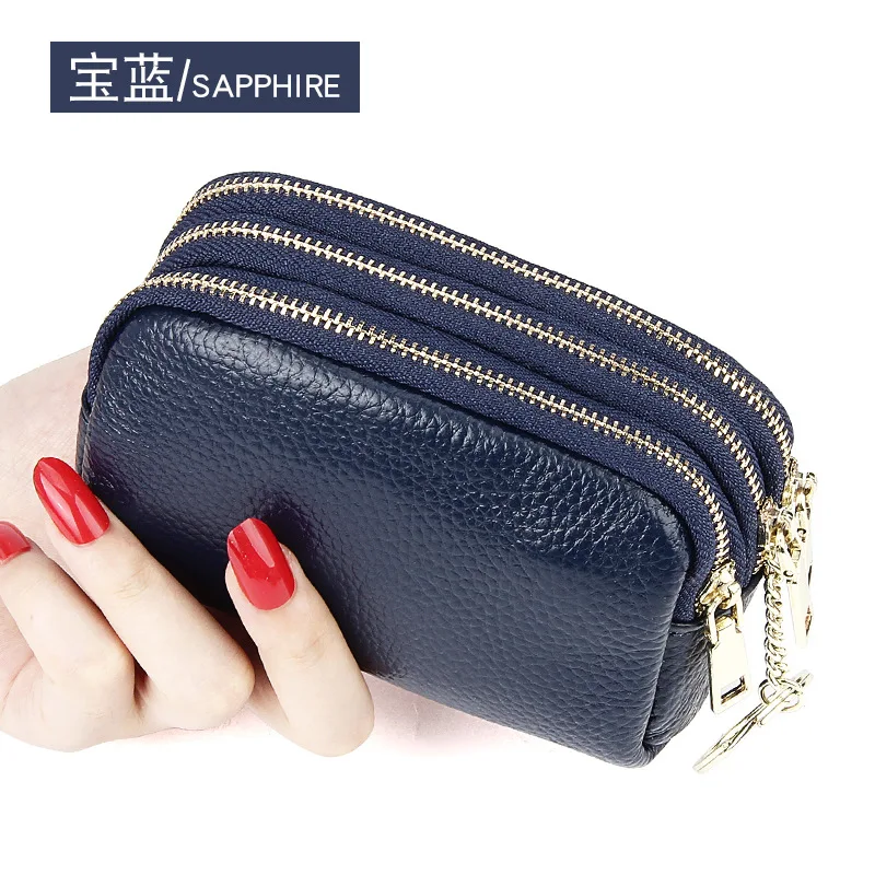 2023Top layer cowhide simple fashion mini clutch three zipper keys coin purse genuine leather