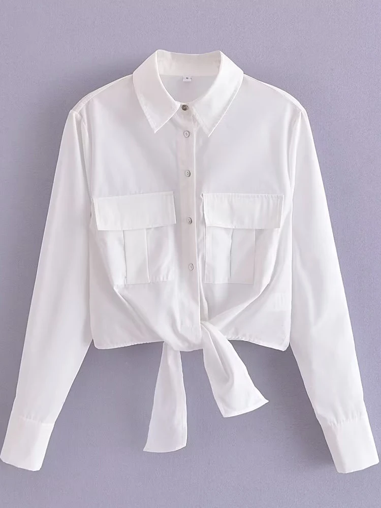 

YENKYE New 2023 Women White Knot Blouse Shirt Vintage Pockets Long Sleeve Female High Street Chic Crop Shirts