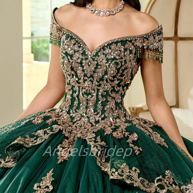 Angelsbridep Индивидуальное изумрудно-зеленое бальное платье Quinceanera Dresses 2025 Блестящий